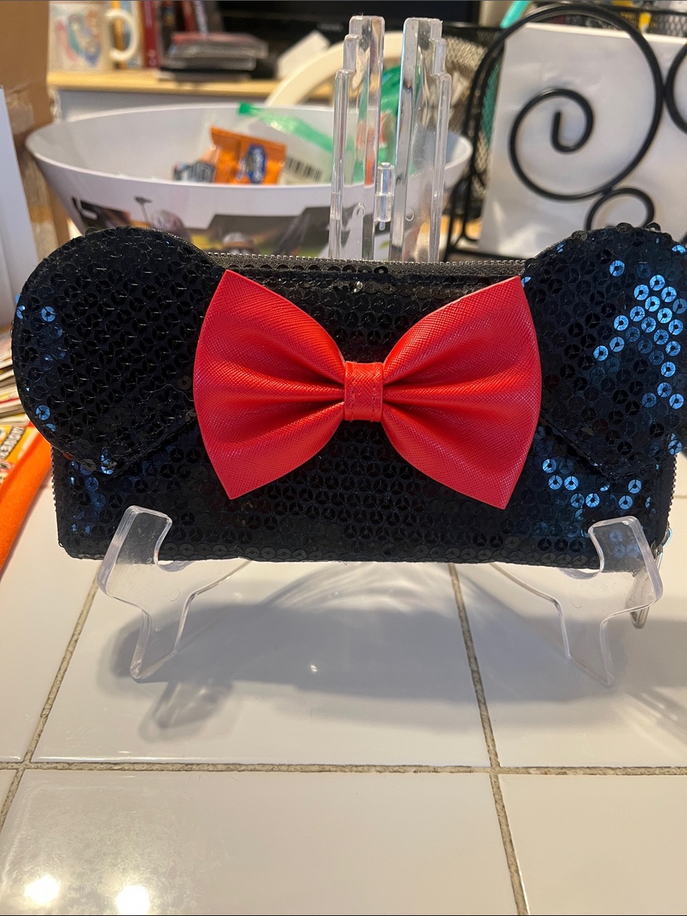 Loungefly Black Sequin Ear Wallet with Red Bow